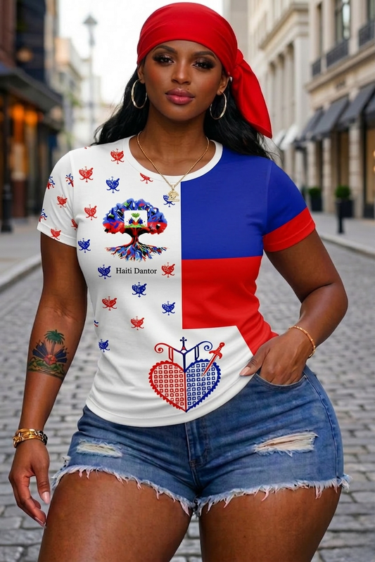 T-Shirt Femme Haiti Dantor - Arbre Vie Cœur Tricolore Bleu Blanc Rouge