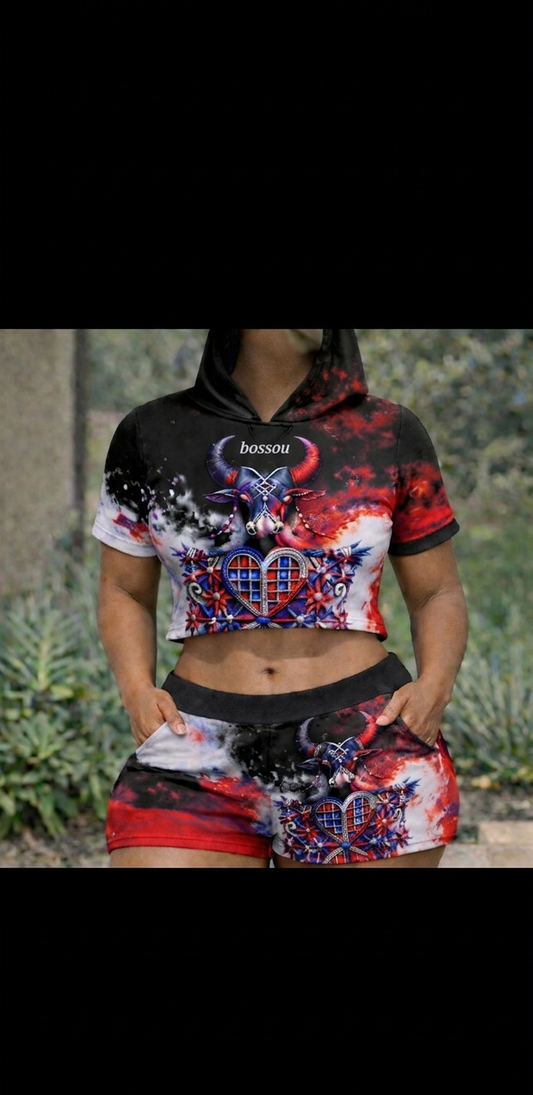 Ensemble Bossou Crop Hoodie & Short – Noir & Rouge