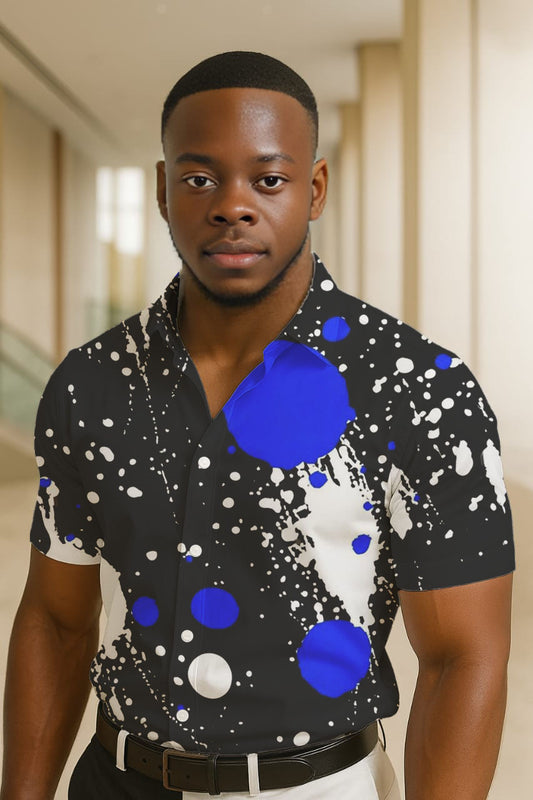 Chemise à taches artistiques bleu & blanc sur fond noir