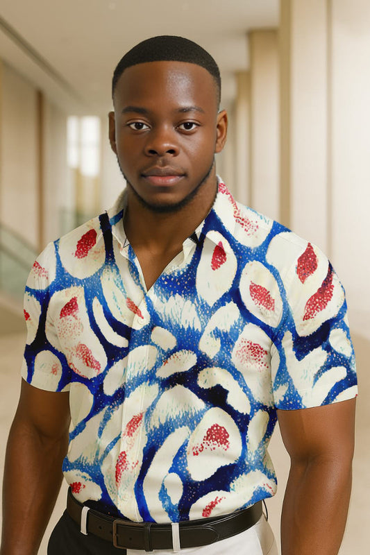 Chemise abstraite multicolore – Éclat artistique en bleu et rouge