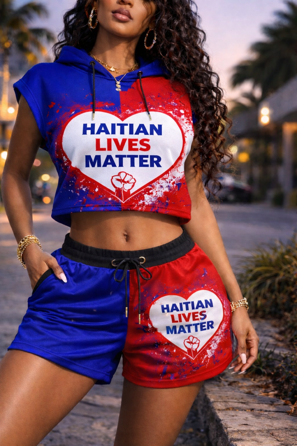 Ensemble Crop Top Hoodie et Short Haitian Lives Matter Cœur Bicolore pour Femme