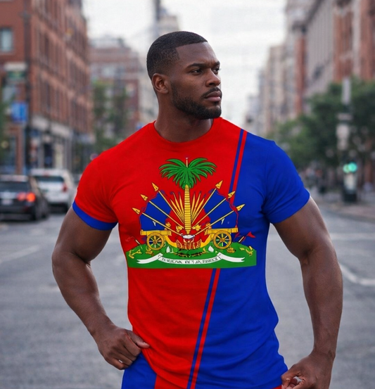 T-Shirt Armoiries Haïtiennes - Design Bicolore Rouge Bleu