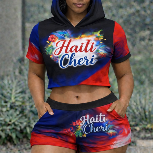 Ensemble Crop Top Hoodie et Short Haiti Chéri Floral Paradis Tricolore pour Femme