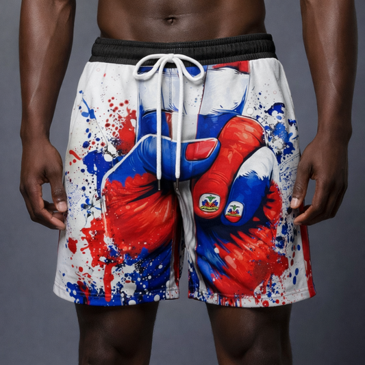 Short de Boxe Haiti - Gants Bleu Rouge avec Armoiries