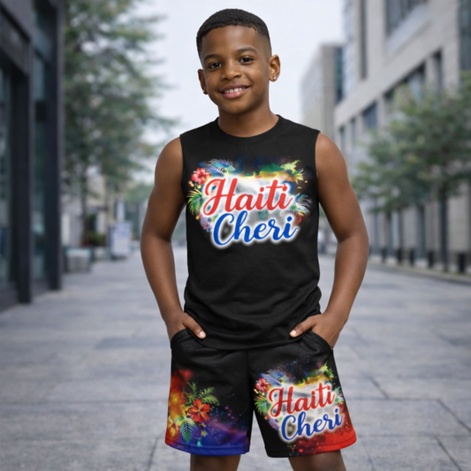 Ensemble Deux Pièces Haïti Cheri avec Fleurs Tropicales Débardeur et Short pour Enfants
