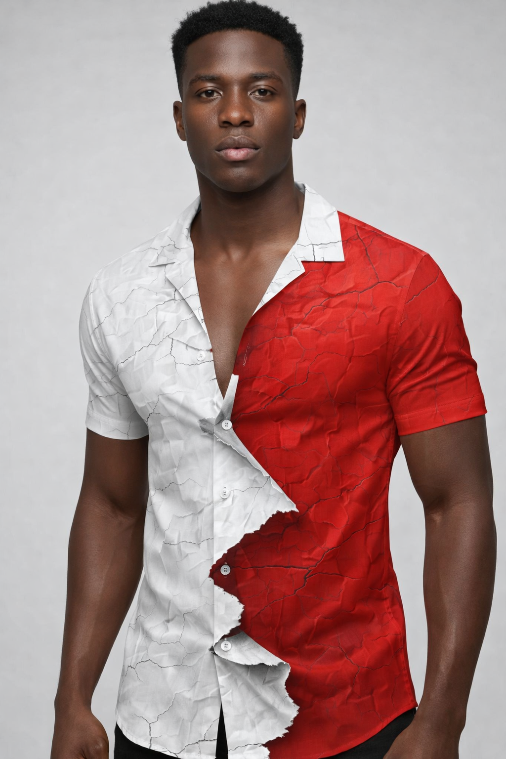 Chemise Bicolore Texturée – Blanc Craquelé & Rouge Ardent