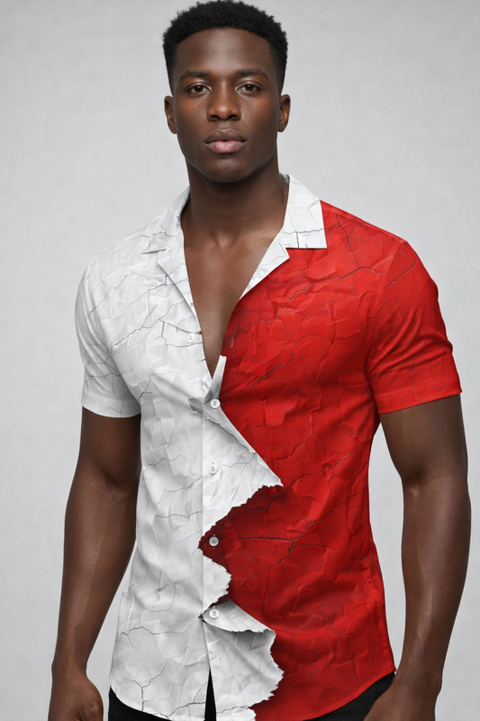 Chemise Bicolore Texturée – Blanc Craquelé & Rouge Ardent