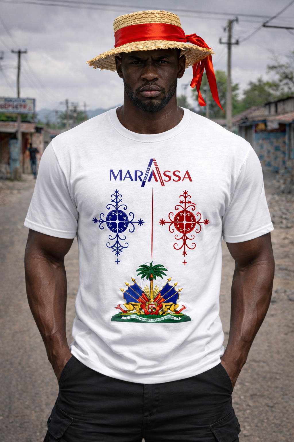 T-Shirt Marassa - Vèvè Jumeaux Sacrés Blanc Armoiries Haïtiennes