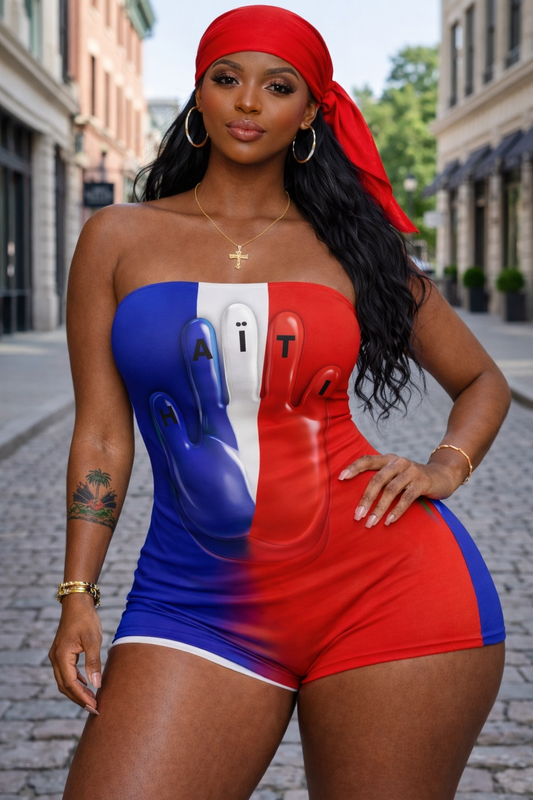 Romper Femme HAÏTI Drapeau 3D - Effet Liquide Bustier Tricolore Bleu Blanc Rouge