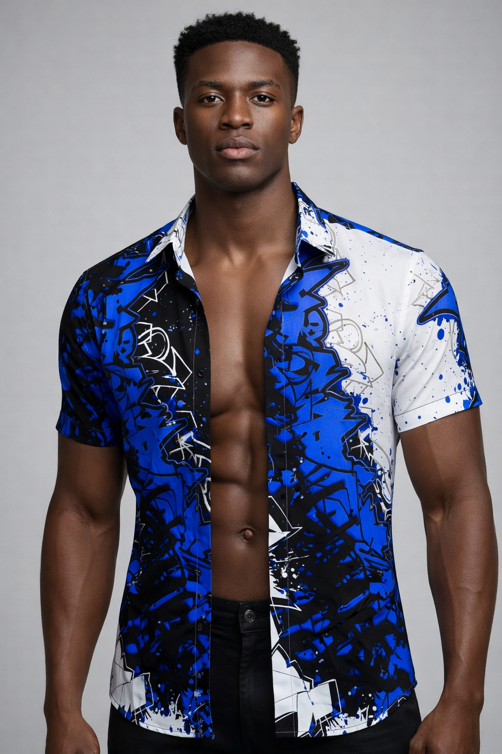 Chemise Graffiti Bicolore – Bleu Royal & Blanc Urbain