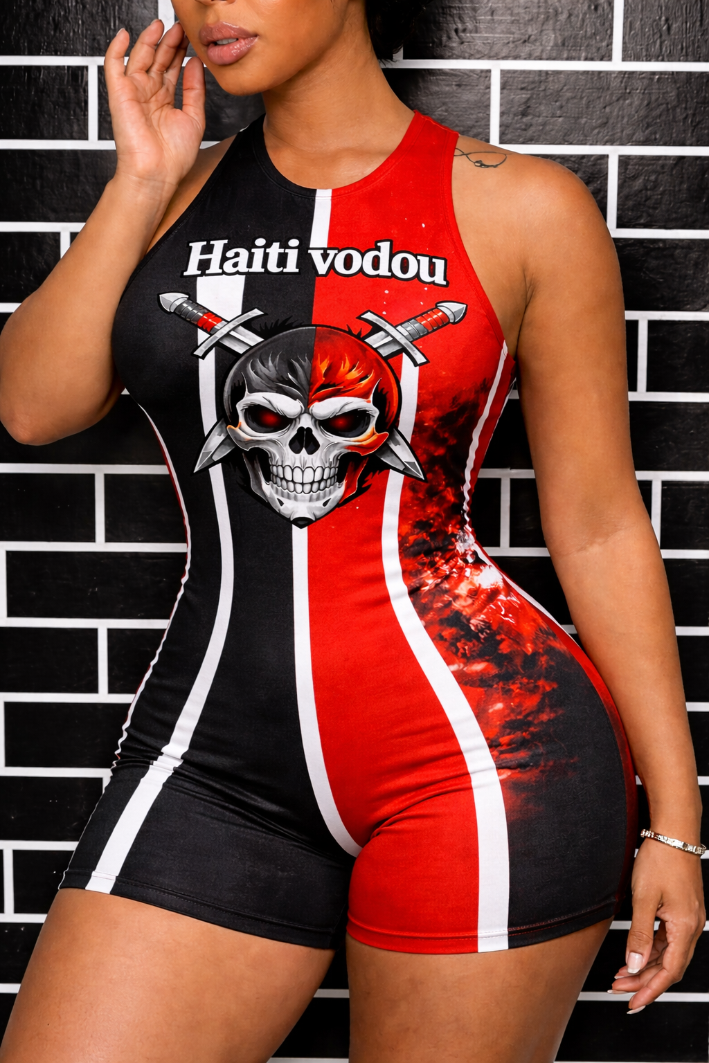 Romper Sans Bretelles Haïti Vodou Crâne & Épées – Noir & Rouge
