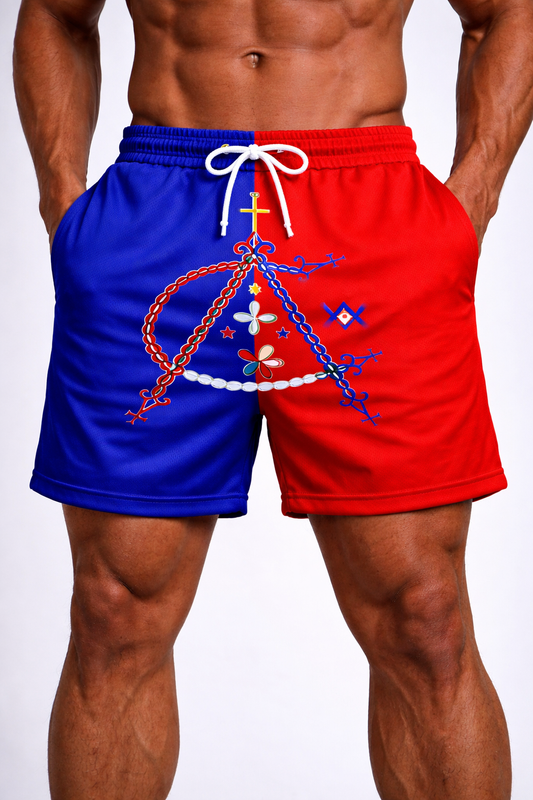 Short Vaudou Spirituel - Symboles Sacrés Bicolore Bleu Rouge