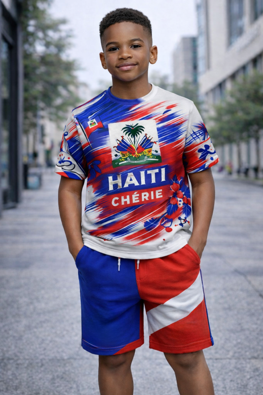 Ensemble Deux Pièces Haïti Chérie avec Armoiries T-shirt et Short pour Enfants