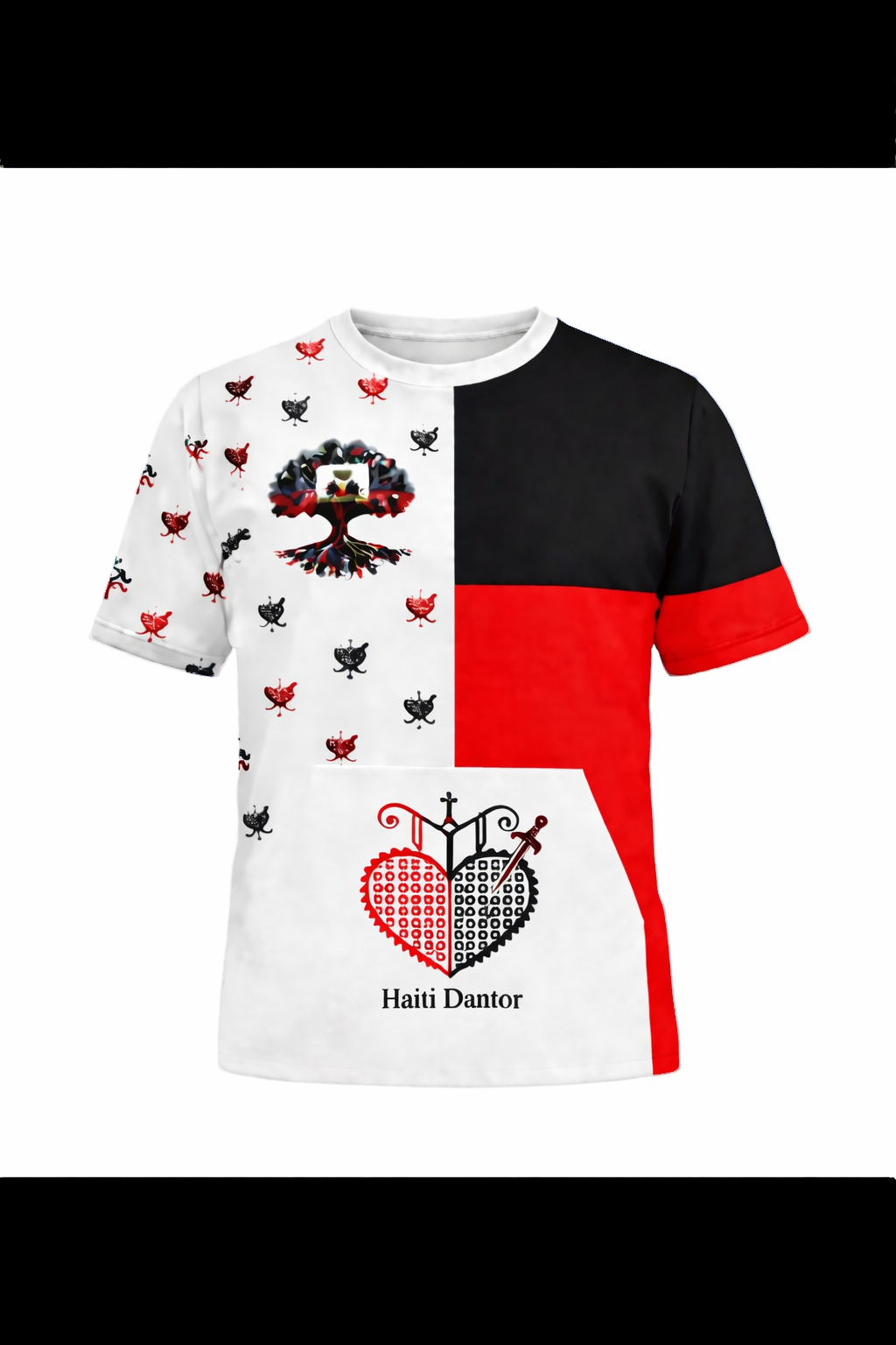 T-Shirt Haïti Dantor Cœur Sacré All-Over – Blanc, Noir & Rouge