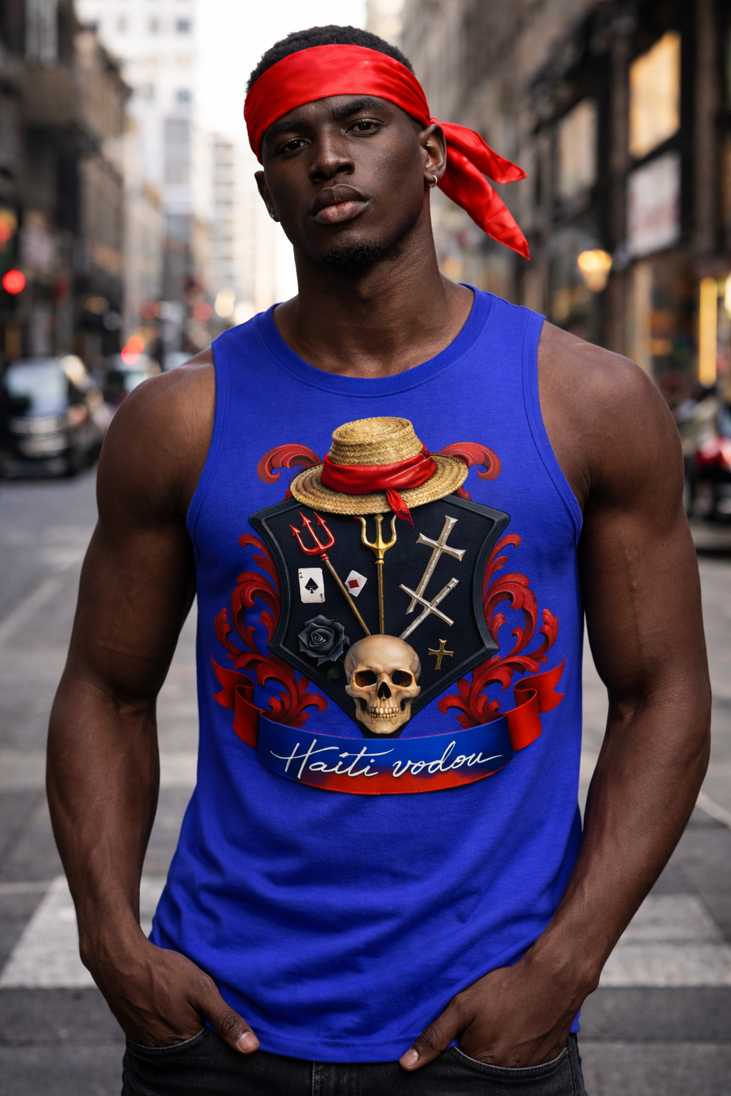 Débardeur Haiti Vodou - Chapeau Paille Crâne Symboles Bleu