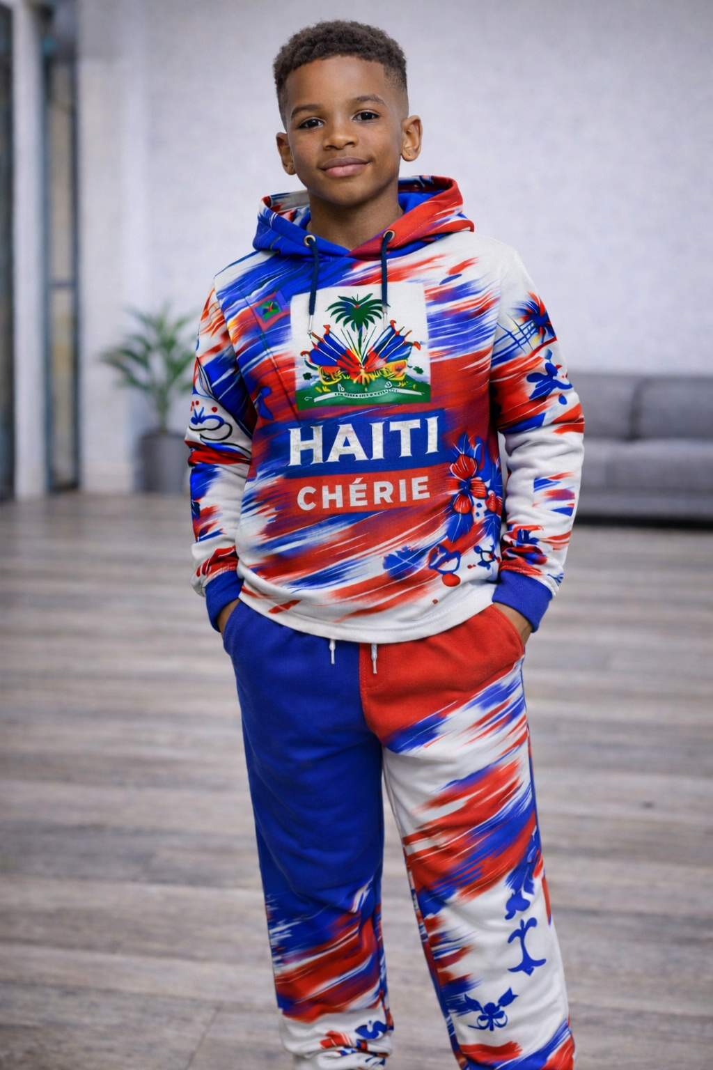 Ensemble Deux Pièces Haïti Chérie avec Armoiries Hoodie et Jogging Artistique pour Enfants