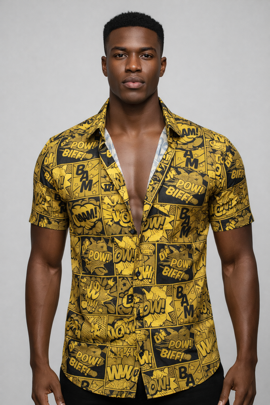 Chemise Comic Pop Art – BAM POW BIFF Jaune & Noir