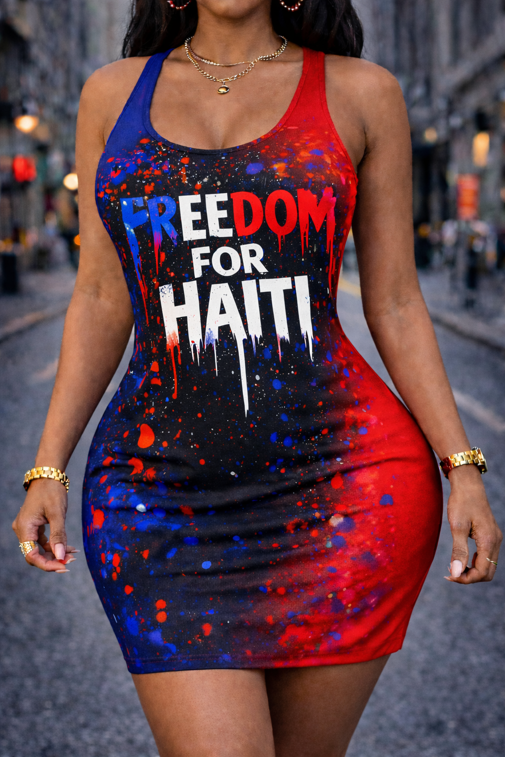Robe Moulante Freedom for Haiti Paint Splash Tricolore pour Femme
