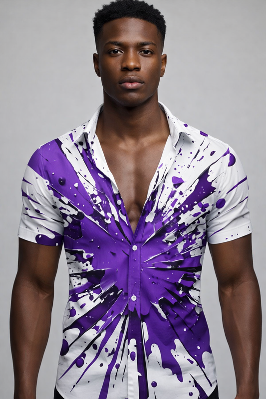 Chemise Explosion Violet & Blanc – Imprimé Éclaboussures Dynamiques