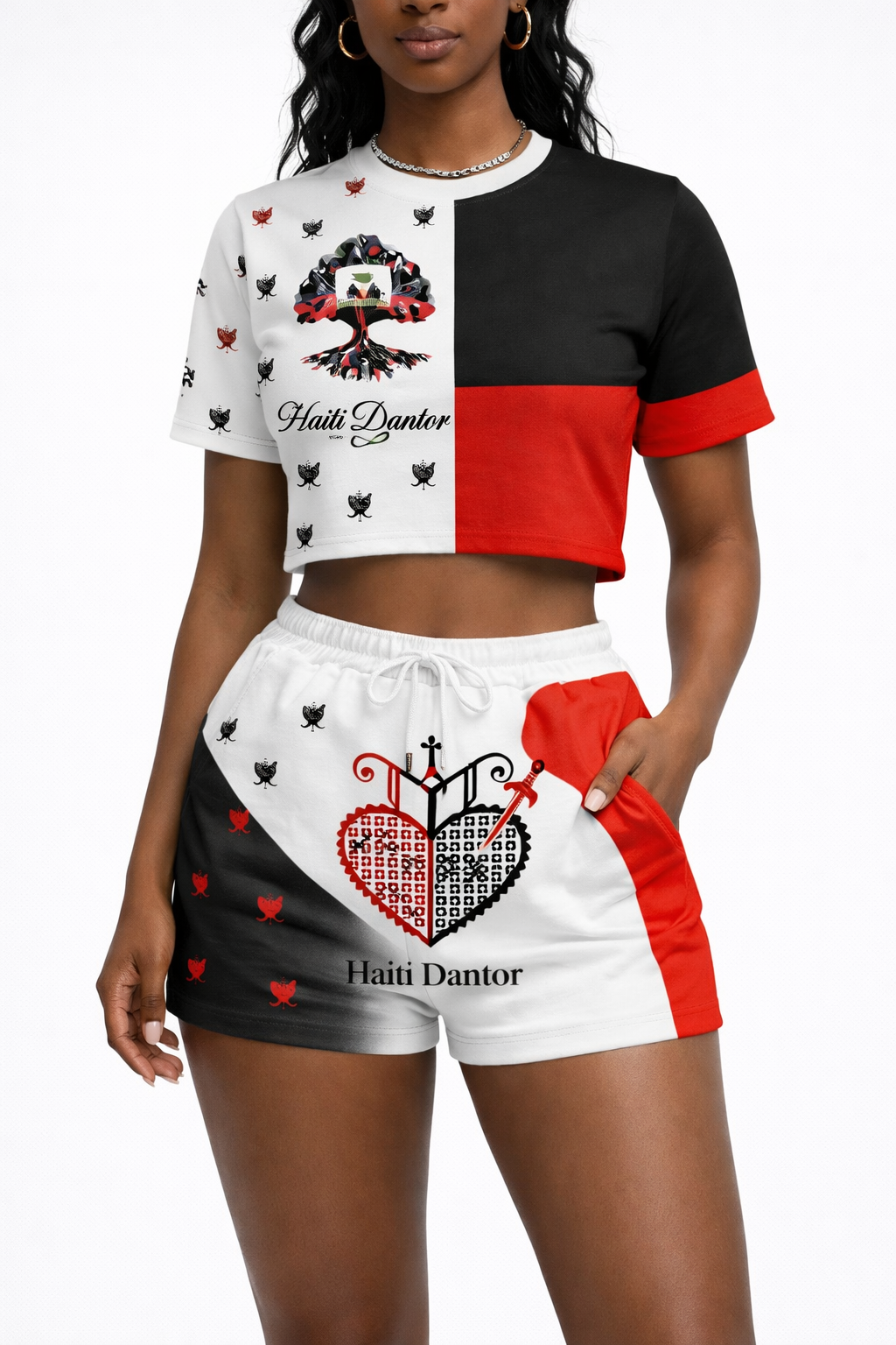 Ensemble Haïti Dantor Crop T-Shirt & Short – Blanc, Noir & Rouge