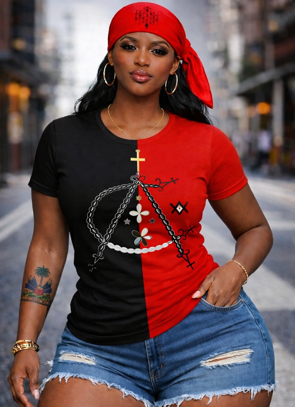 T-Shirt Vévé Agawou Chapelet – Noir & Rouge (Femme)