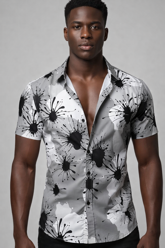 Chemise Blanche – Imprimé Taches d’Encre Noire All-Over
