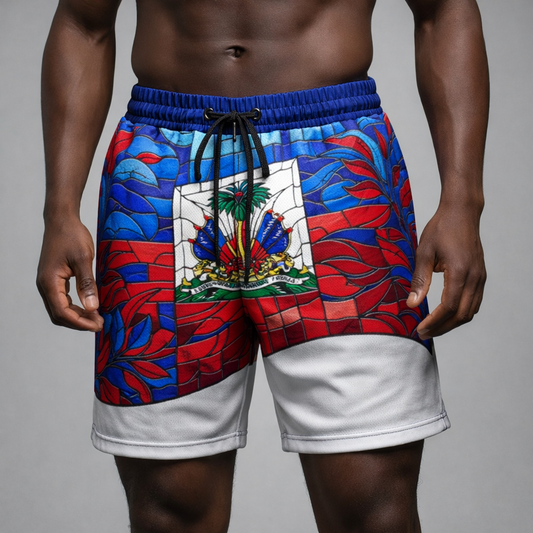 Short Armoiries Haïtiennes - Effet Vitrail Bleu Rouge Blanc