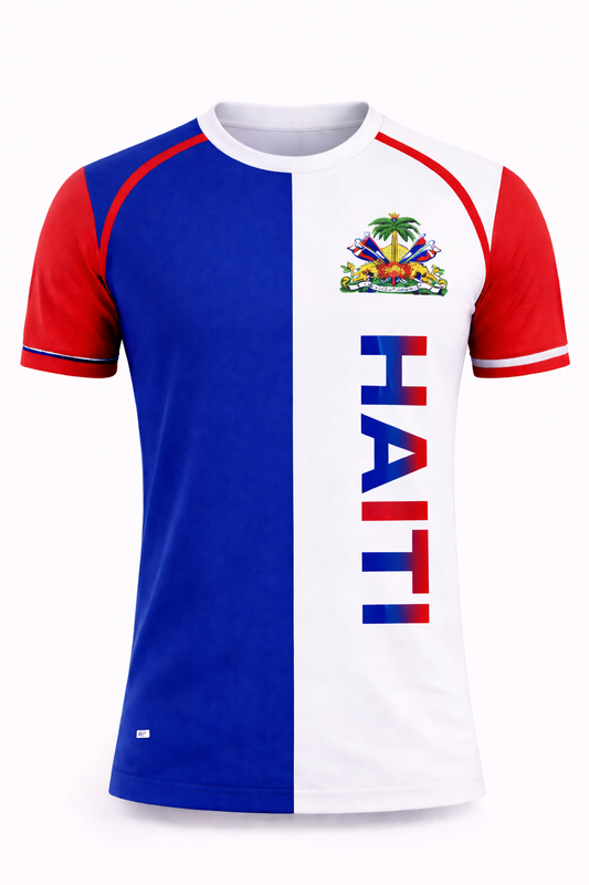 T-Shirt Haïti Armoiries Nationales – Colorblock Bleu, Blanc & Manches Rouges