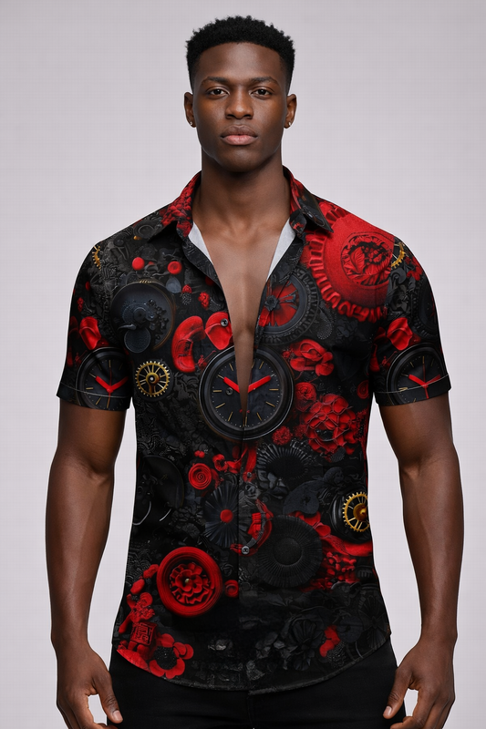 Chemise Steampunk Roses Rouges et Engrenages Dorés