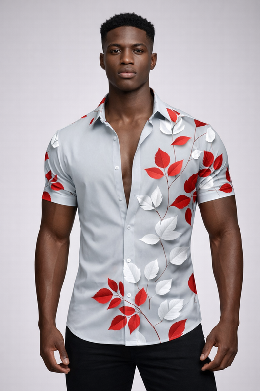 Chemise Feuilles Botaniques Rouge et Blanc sur Gris
