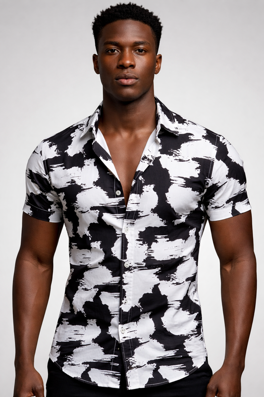 Chemise Camouflage Abstrait – Noir & Blanc Coups de Pinceau