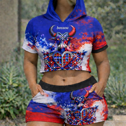 Ensemble Crop Top Hoodie et Short Bossou Tie-Dye Tricolore avec Cœur pour Femme