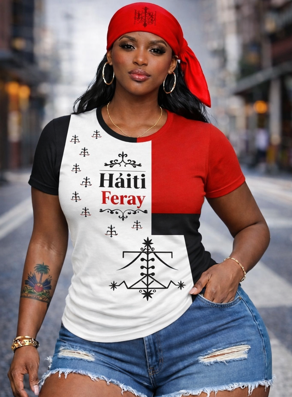 T-Shirt Haïti Feray Vévé Ogou – Blanc, Noir & Rouge (Femme)