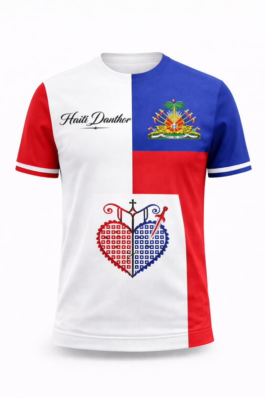 T-Shirt Haïti Danthor Cœur Sacré & Armoiries – Blanc, Bleu & Rouge