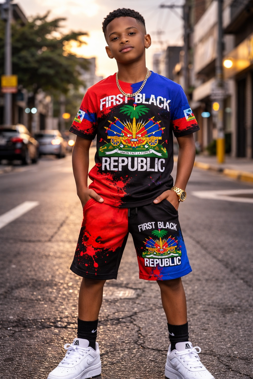 Ensemble Deux Pièces First Black Republic avec Armoiries T-shirt et Short pour Enfants