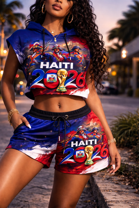Ensemble Crop Top Hoodie et Short Haiti 2026 World Cup Héros Paint Brush pour Femme