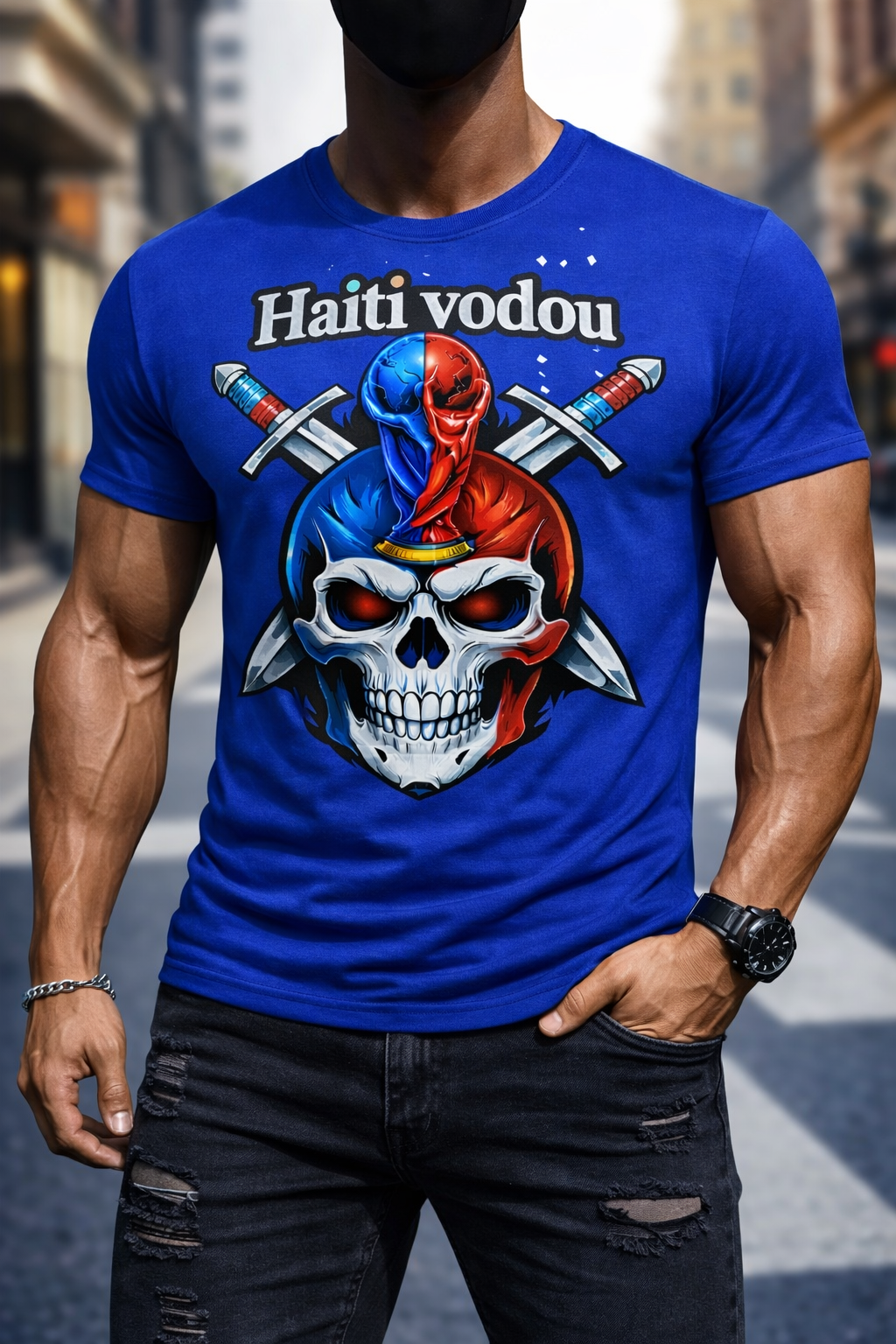 T-Shirt Haiti Vodou - Crâne Bicolore Bleu Machettes Croisées