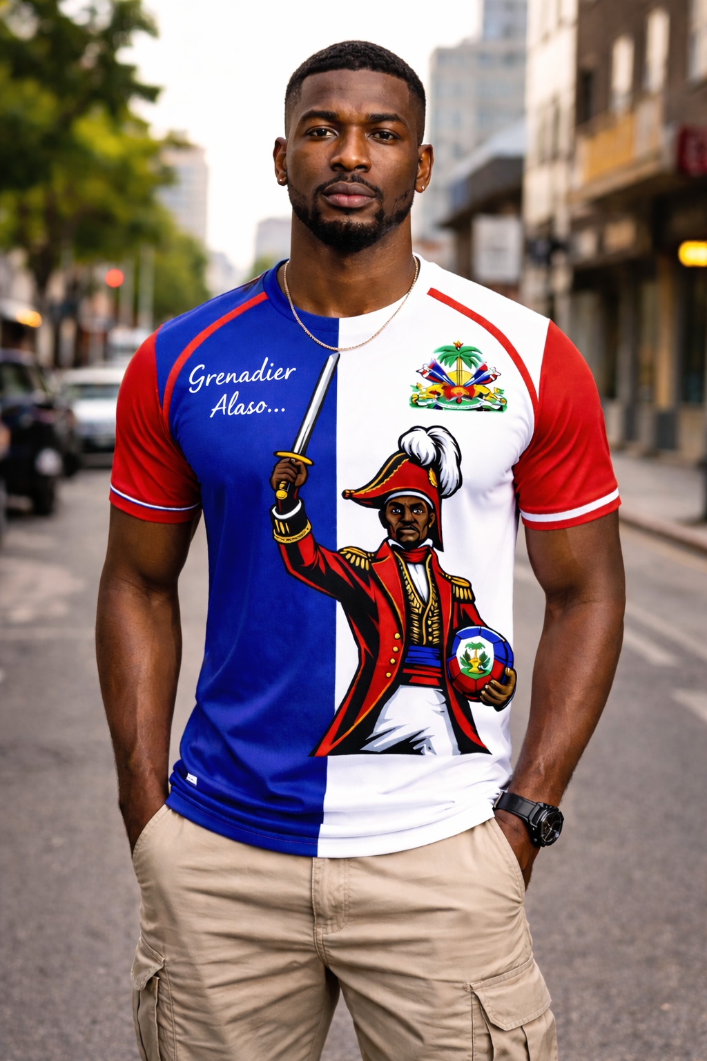 T-Shirt Haïti Grenadier Alaso & Armoiries – Colorblock Bleu, Blanc & Rouge