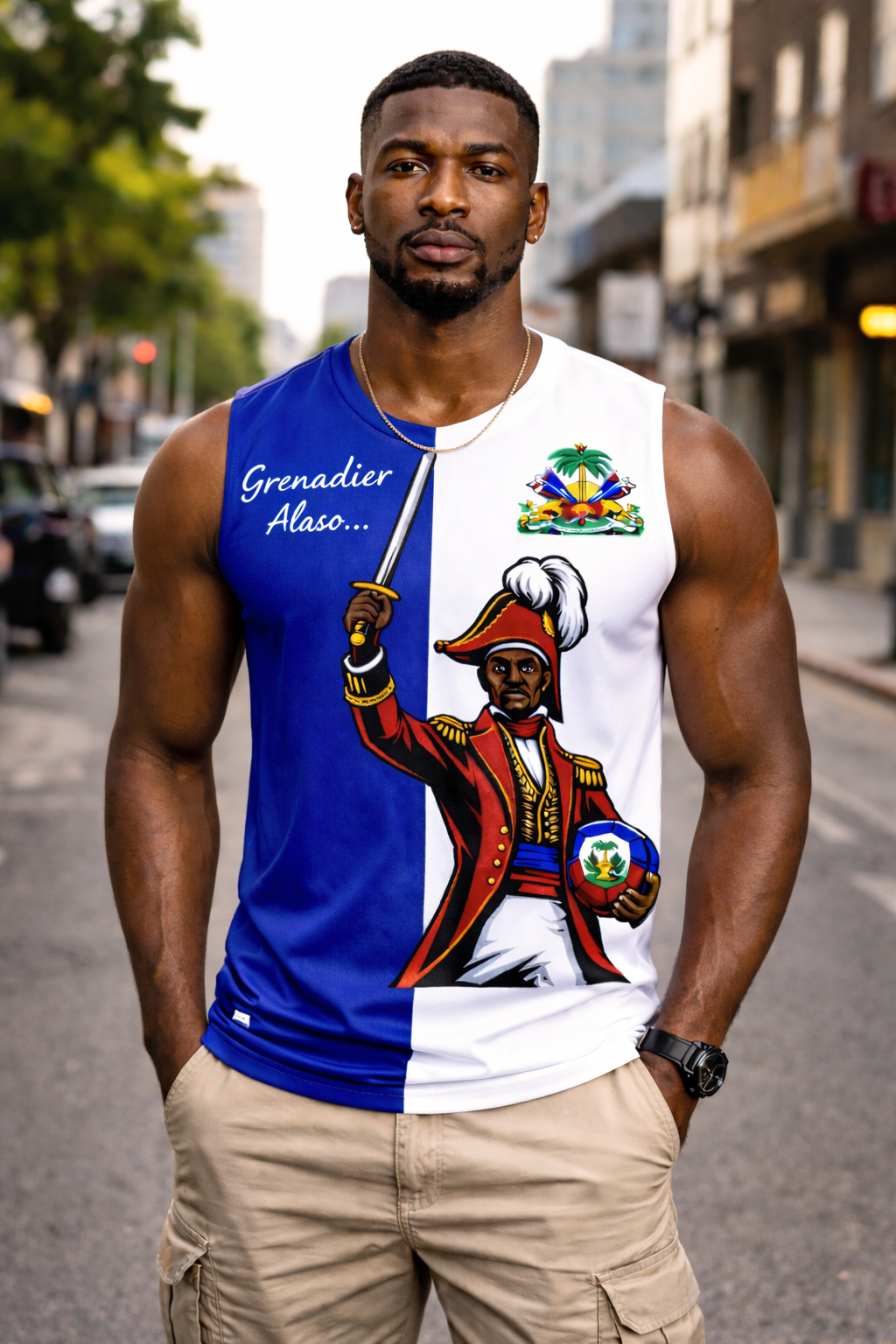 Débardeur Haïti Grenadier Alaso & Armoiries – Colorblock Bleu & Blanc