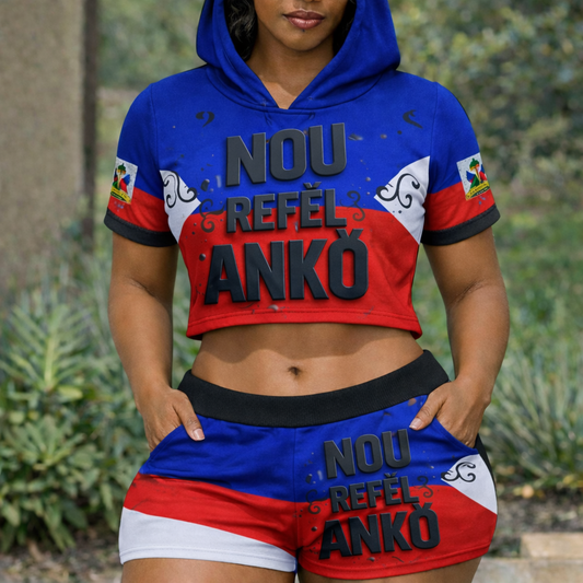 Ensemble Crop Top Hoodie et Short Nou Refèl Anko Tricolore avec Armoiries pour Femme