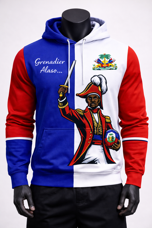 Hoodie Haïti Grenadier Alaso & Armoiries – Colorblock Bleu, Blanc & Rouge