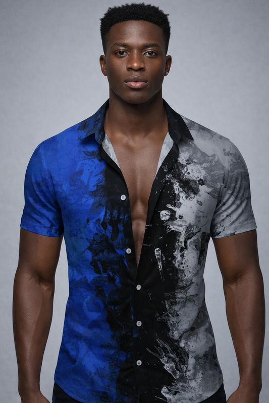 Chemise Bicolore Marbre – Bleu Royal & Gris Fumé