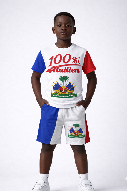Ensemble Deux Pièces 100% Haïtien avec Armoiries T-shirt et Short pour Enfants