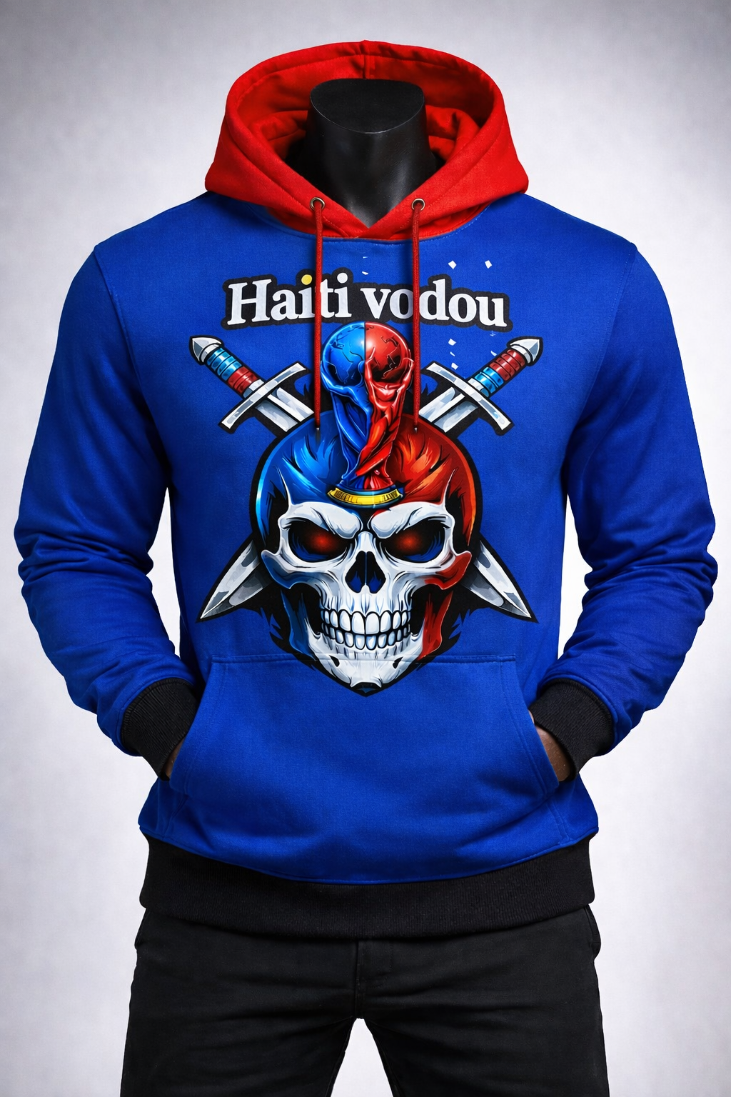 Hoodie Haiti Vodou - Guerrier Mystique Bleu Rouge
