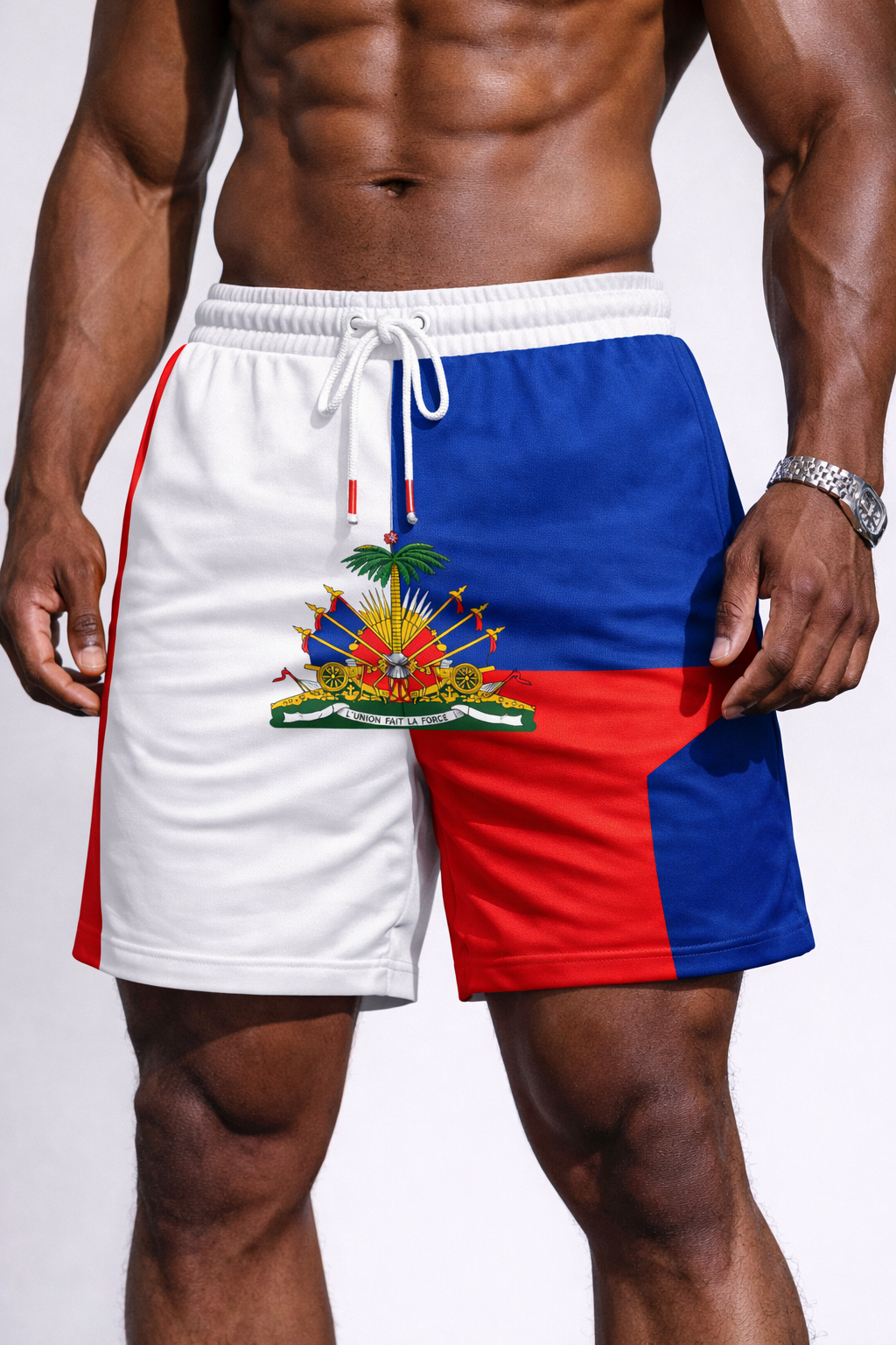 Short Haïti Drapeau & Armoiries – Colorblock Blanc, Bleu & Rouge