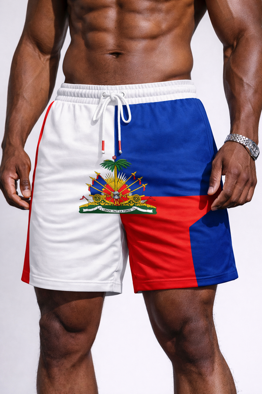 Short Haïti Drapeau & Armoiries – Colorblock Blanc, Bleu & Rouge