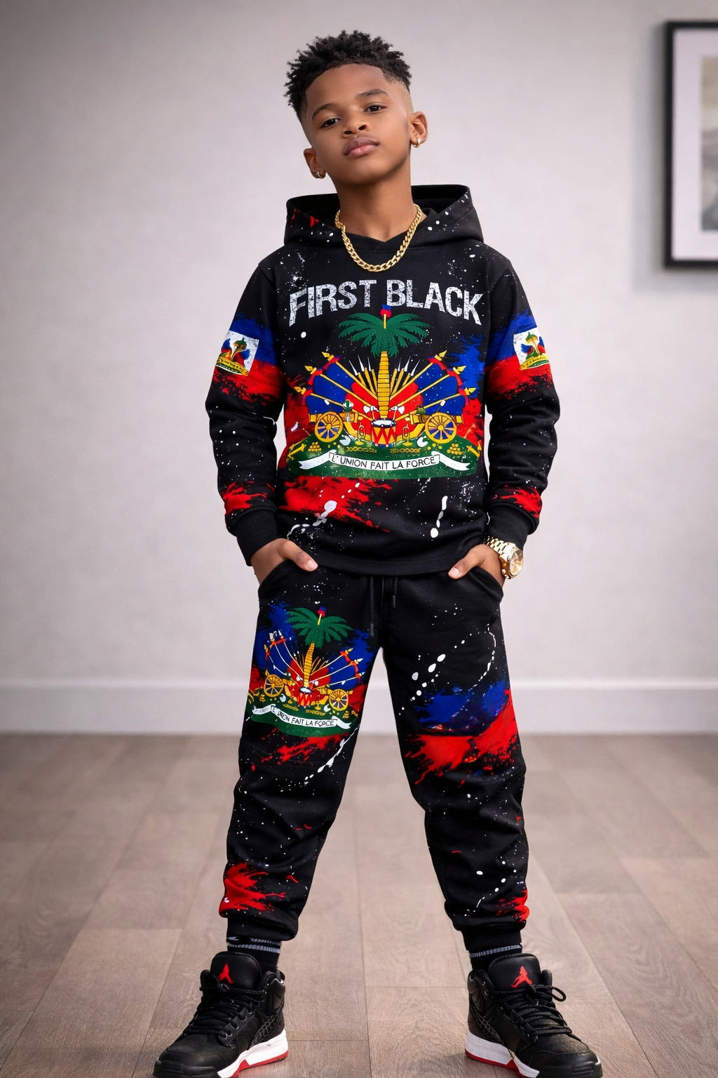 Ensemble Deux Pièces First Black avec Armoiries Hoodie et Jogging Noir pour Enfants
