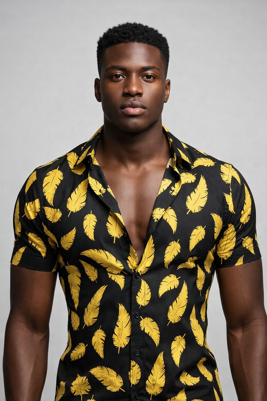 Chemise Noire – Imprimé Plumes Dorées All-Over