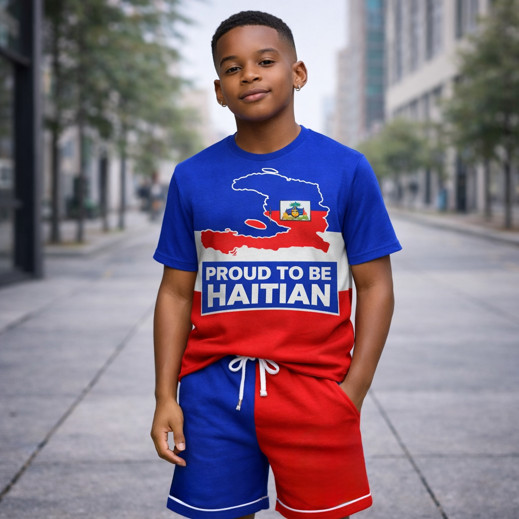 Ensemble Deux Pièces Proud to be Haitian avec Carte T-shirt et Short pour Enfants