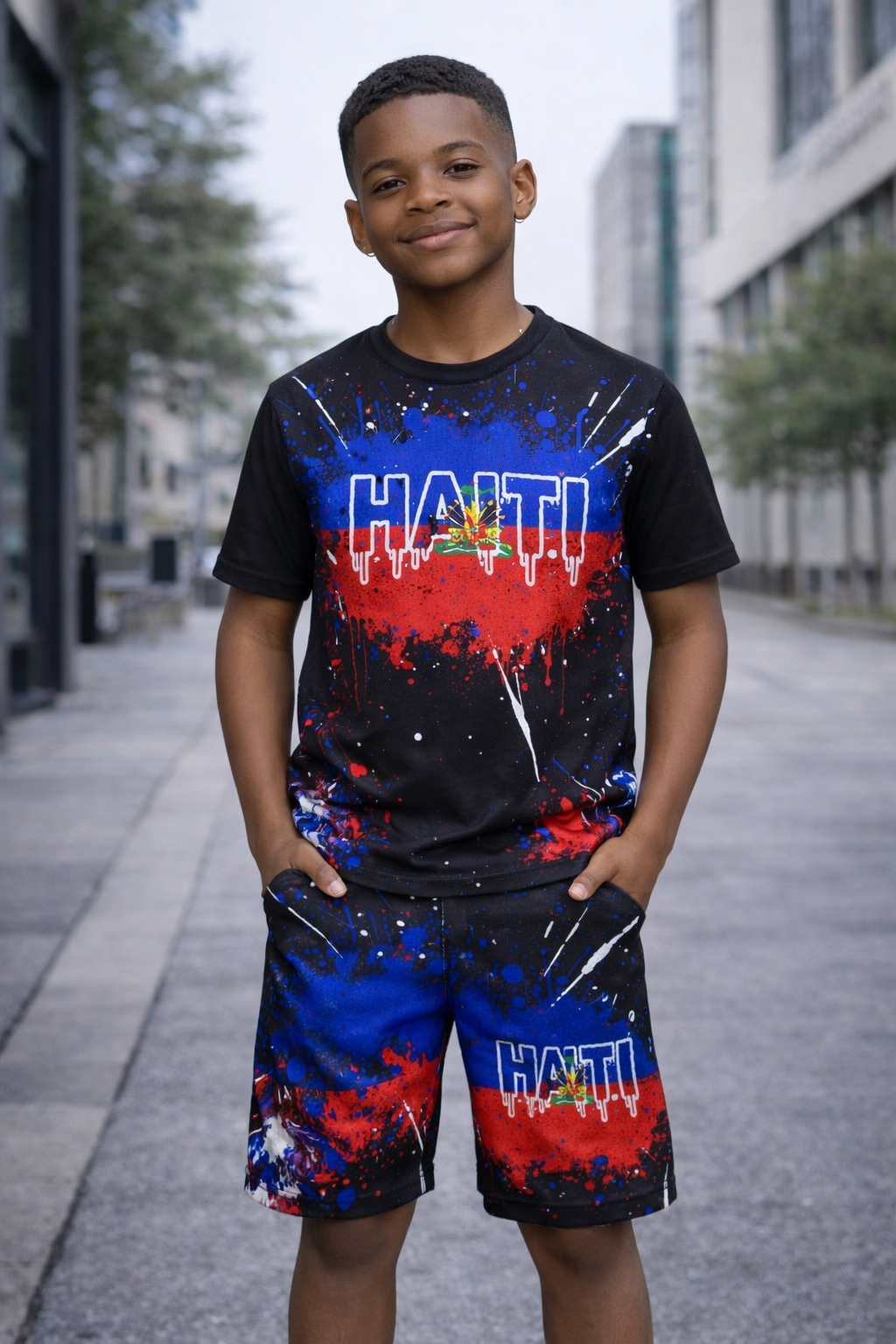 Ensemble Deux Pièces Haïti avec Armoiries Effet Galaxie T-shirt et Short pour Enfants